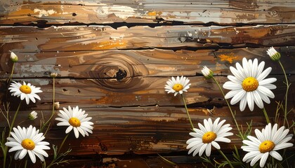 Obraz premium A decorative arrangement of white daisies on a rustic, dark wooden plank backdrop.