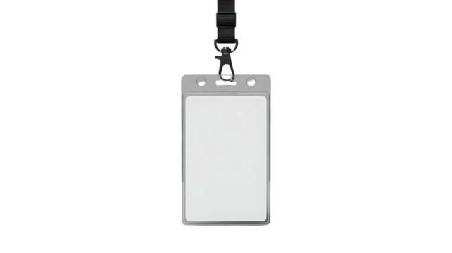 lank ID Card Mockup with Black Lanyard Isolated on Transparent Background.
