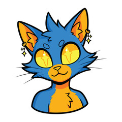 Animated Feline with Golden Eyes: An artistic animated depiction of a charming cat, featuring vibrant blue and orange hues, sparkling golden eyes, and delicate accessories.