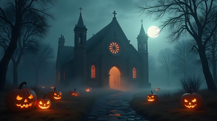 Abandoned cathedral glowing in the mist pumpkins flickering nearby