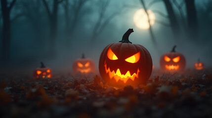 Close up of a jack o lantern glowing through drifting fog