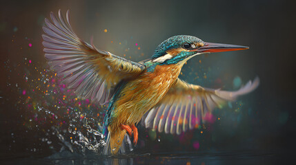 A kingfisher bird taking flight from water with wings spread and colorful bokeh effect around it