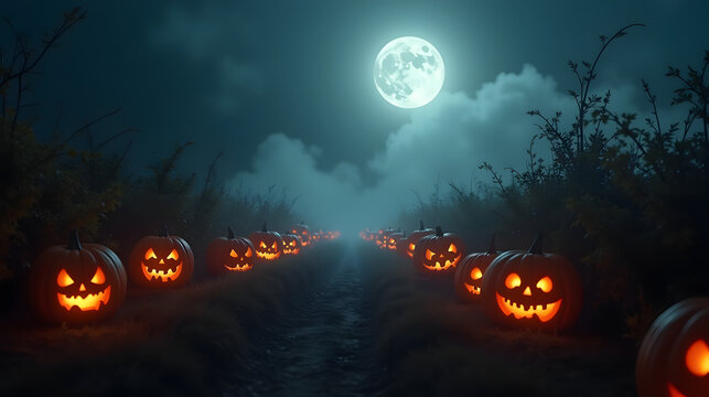 Creepy pumpkin patch lit under a moonlit haze mist drifting between vines - Powered by Adobe