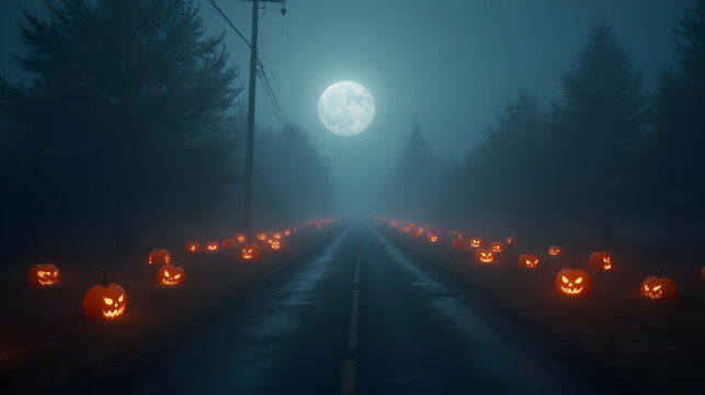 Desolate foggy road pumpkins glowing faintly as the only light