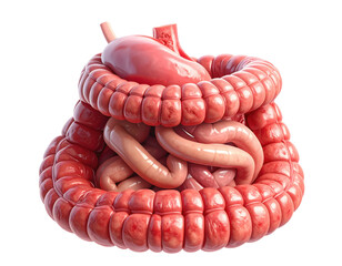 Highly detailed medical illustration of human intestines showing digestive tract structure isolated on pure white background