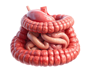 Highly detailed medical illustration of human intestines showing digestive tract structure isolated on pure white background