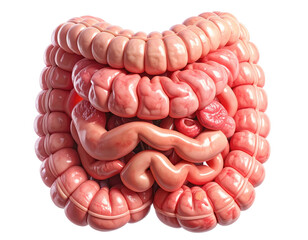 Highly detailed medical illustration of human intestines showing digestive tract structure isolated on pure white background