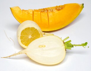 Close-up of sliced melon, lemon, and daikon radish
