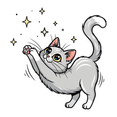 Whimsical Cat Play: A cartoon cat playfully reaches for sparkling stars, a cheerful depiction of pet interaction and lighthearted joy. 
