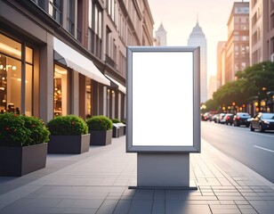 Blank billboard on city street at sunrise