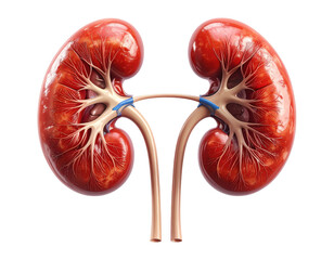 Highly detailed medical illustration of human kidneys showing structure and vessels, isolated on pure white background