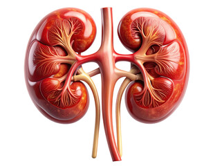 Highly detailed medical illustration of human kidneys showing structure and vessels, isolated on pure white background