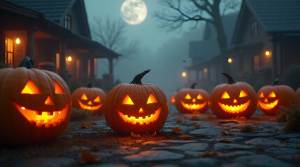 Smiling jack o lanterns flickering in foggy village square