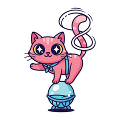 Whimsical Cat Balancing Act: A charming, pink-hued cartoon cat fearlessly balances atop a shimmering crystal ball, its tail playfully spiraling in an infinite loop, against a pure backdrop.