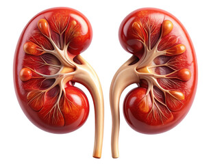 Highly detailed medical illustration of human kidneys showing structure and vessels, isolated on pure white background