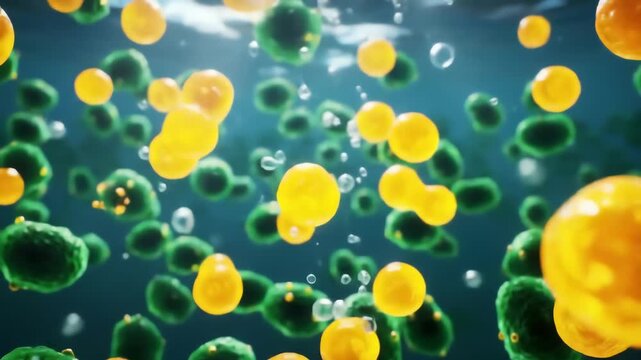 algae shimmering under sunlight, molecular structures inside glowing as lipids transform into golden droplets of biofuel
