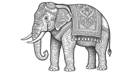 Naklejka premium Intricate illustration of an Indian elephant adorned with detailed patterns and ornaments, isolated on white
