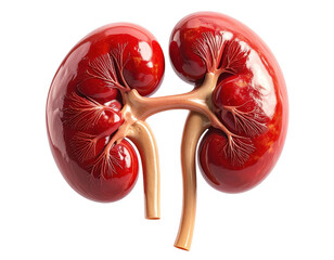 Highly detailed medical illustration of human kidneys showing structure and vessels, isolated on pure white background