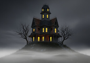 Haunted Victorian house on foggy hill with glowing windows, eerie atmosphere