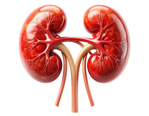 Highly detailed medical illustration of human kidneys showing structure and vessels, isolated on pure white background
