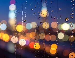 City lights seen through rain-streaked window