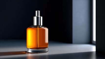 Fototapeta premium Elegant Glass Bottle of Fragrance Positioned on a Wooden Table Surrounded by Soft Lighting Enhancing the Atmosphere of Luxury and Sophistication