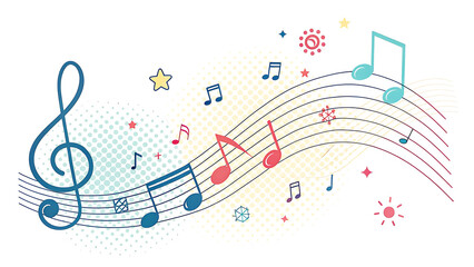 Whimsical musical staff with colorful notes and decorative elements creating a vibrant and playful melody