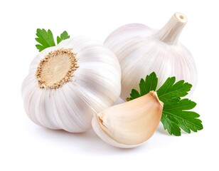Two whole garlic bulbs and a clove, on a white background with fresh parsley