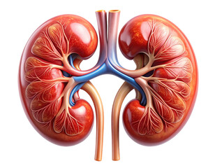 Highly detailed medical illustration of human kidneys showing structure and vessels, isolated on pure white background