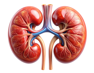Highly detailed medical illustration of human kidneys showing structure and vessels, isolated on pure white background