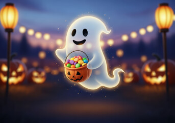 Cute ghost holding candy bucket at Halloween party with jack o lantern lights