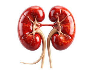 Highly detailed medical illustration of human kidneys showing structure and vessels, isolated on pure white background