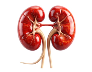 Highly detailed medical illustration of human kidneys showing structure and vessels, isolated on pure white background