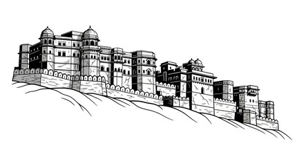 Fototapeta premium Detailed monochrome line art of a magnificent old fortress palace, featuring classic domes and towering walls, set majestically on a high ridge
