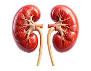 Highly detailed medical illustration of human kidneys showing structure and vessels, isolated on pure white background