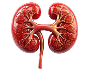 Highly detailed medical illustration of human kidneys showing structure and vessels, isolated on pure white background