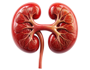 Highly detailed medical illustration of human kidneys showing structure and vessels, isolated on pure white background