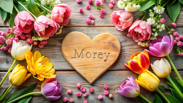 Arrangement of tulips and small pink flowers surrounding a wooden heart with morey engraved