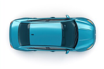 Overhead view of a teal-colored sedan.  Glossy finish,  clean lines,  isolated on white background