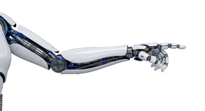 Isolated advanced futuristic robot arm, artificial intelligence pointing finger in studio shot