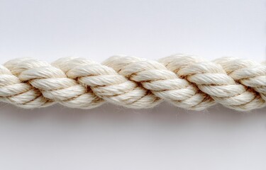 Fototapeta premium Close-up of a light beige rope, tightly braided, lying horizontally against a plain white background