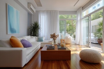 Modern bright living room with white sofa and large windows