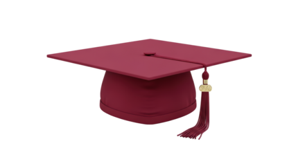 Isolated burgundy mortarboard, academic cap with tassel, university graduation accessory