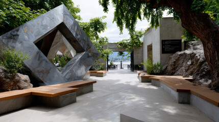 An artistic passageway features a striking sculpture made of geometric shapes, inviting contemplation and aesthetic appreciation amid lush greenery and tranquil ambience.