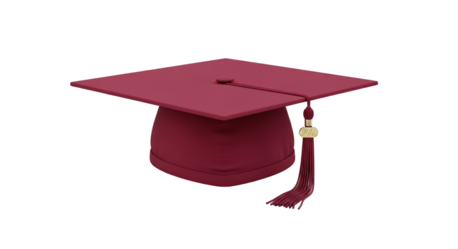 Isolated burgundy mortarboard, academic cap with tassel, university graduation accessory