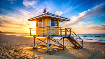 A lifeguard tower on a sandy beach with the american flag at sunset and a beautiful blue sky above it