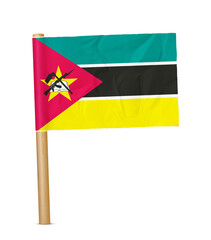 Mozambique paper flag with wooden pole realistic 3d illustration. Hand flag of Mozambique transparation png