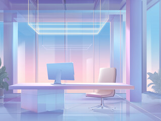 Illustration vectorielle d&rsquo;un bureau moderne futuriste avec ordinateur et grandes baies vitr&eacute;es pastel