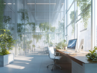 Bureau futuriste vitr&eacute; avec ordinateurs holographiques et int&eacute;gration de nature verte