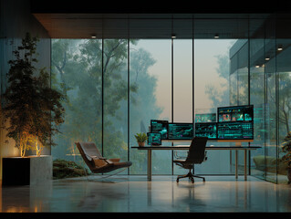 Bureau futuriste vitr&eacute; avec ordinateurs holographiques et int&eacute;gration de nature verte